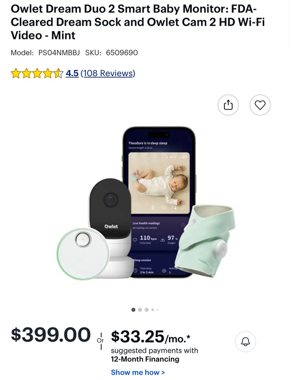 Owlet Dream Duo 2 Smart Baby Monitor-FDA-Cleared Dream Sock & HD Video Wi-Fi Cam