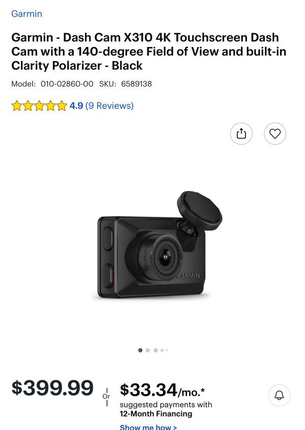Garmin - Dash Cam X310 4K Touchscreen Dash Cam with a 140-degree Field of View and built-in Clarity Polarizer - Black (FINAL SALE- NO RETURNS)