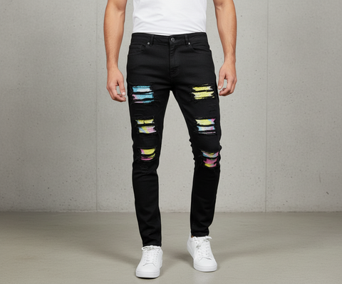 Waiema Skinny Fit Black Jeans w/Colored Studs