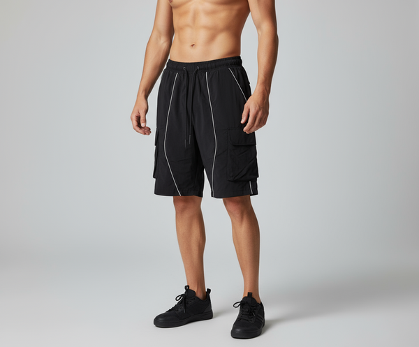 American Stitch Windbreaker Nylon 6 Inch Reflecting Piping Shorts (Black) U