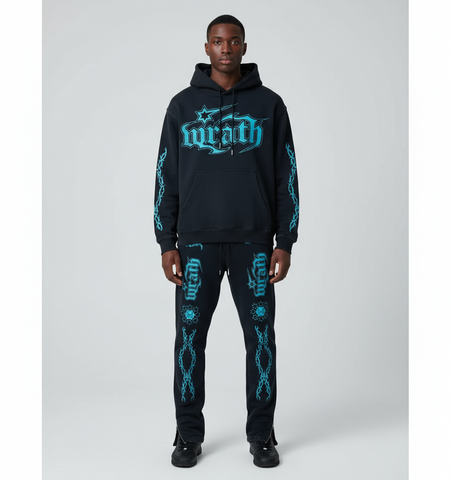 Wrathboy Gods Will Straight/Zipper Stacked Heavyweight Sweatpants Set (Black)
