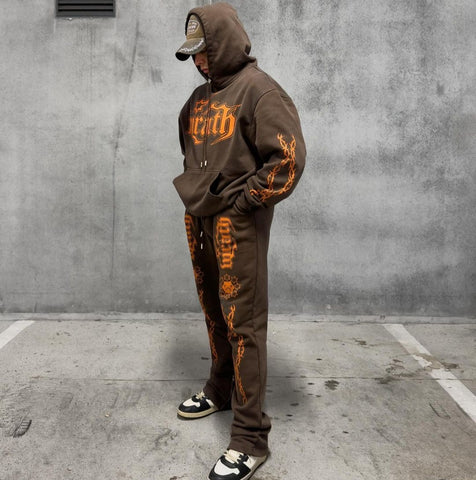 Wrathboy Gods Will Straight/Zipper Stacked Heavyweight Sweatpants Set (Brown)