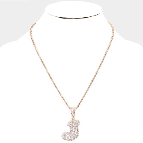 'J' Rhinestone Monogram Pendant Brass Chain Necklace