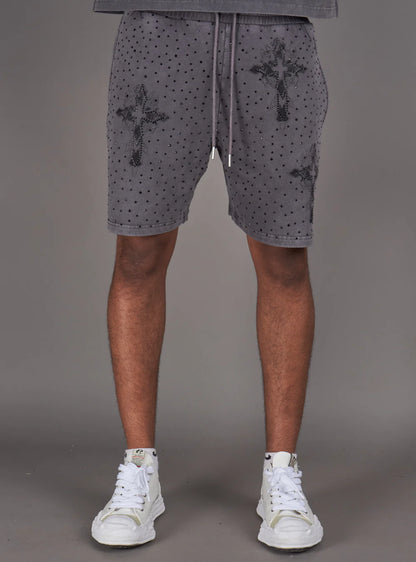 NME Grey Washed Rhinestone Shorts U
