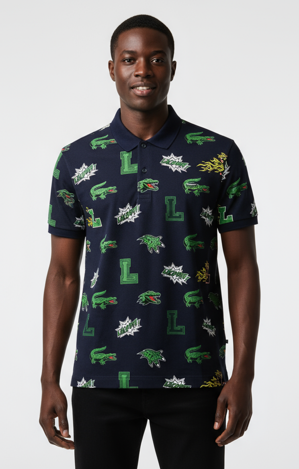 Lacoste Allover Crocodile Navy Blue  Polo Shirt