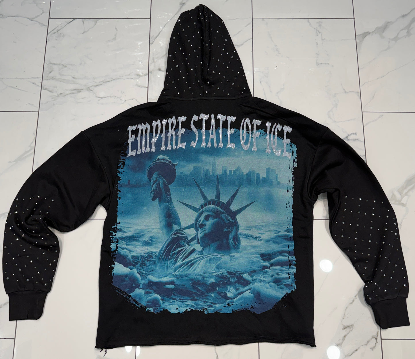Verselli Black Empire State Of Ice Raw Hem Rhinestone Hoodie (Full Length)