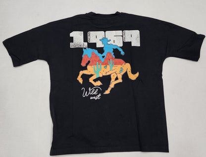 Black Vie Riche T-shirt laid flat, showing its colorful horse-and-rider back graphic