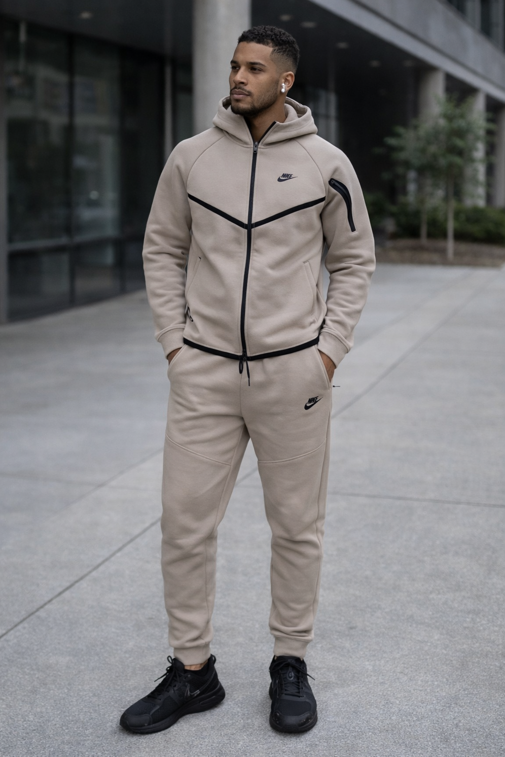 Nike Men's Tech Fleece Zip Hoodie & Pants Set (Beige) — beige hoodie and pants set on model
