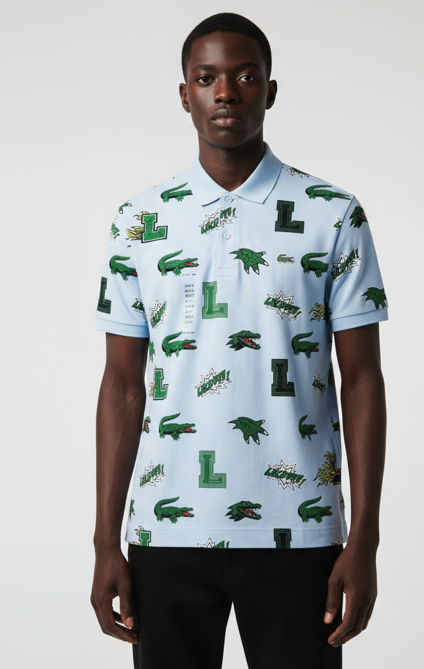 Lacoste Allover Crocodile Blue Polo Shirt