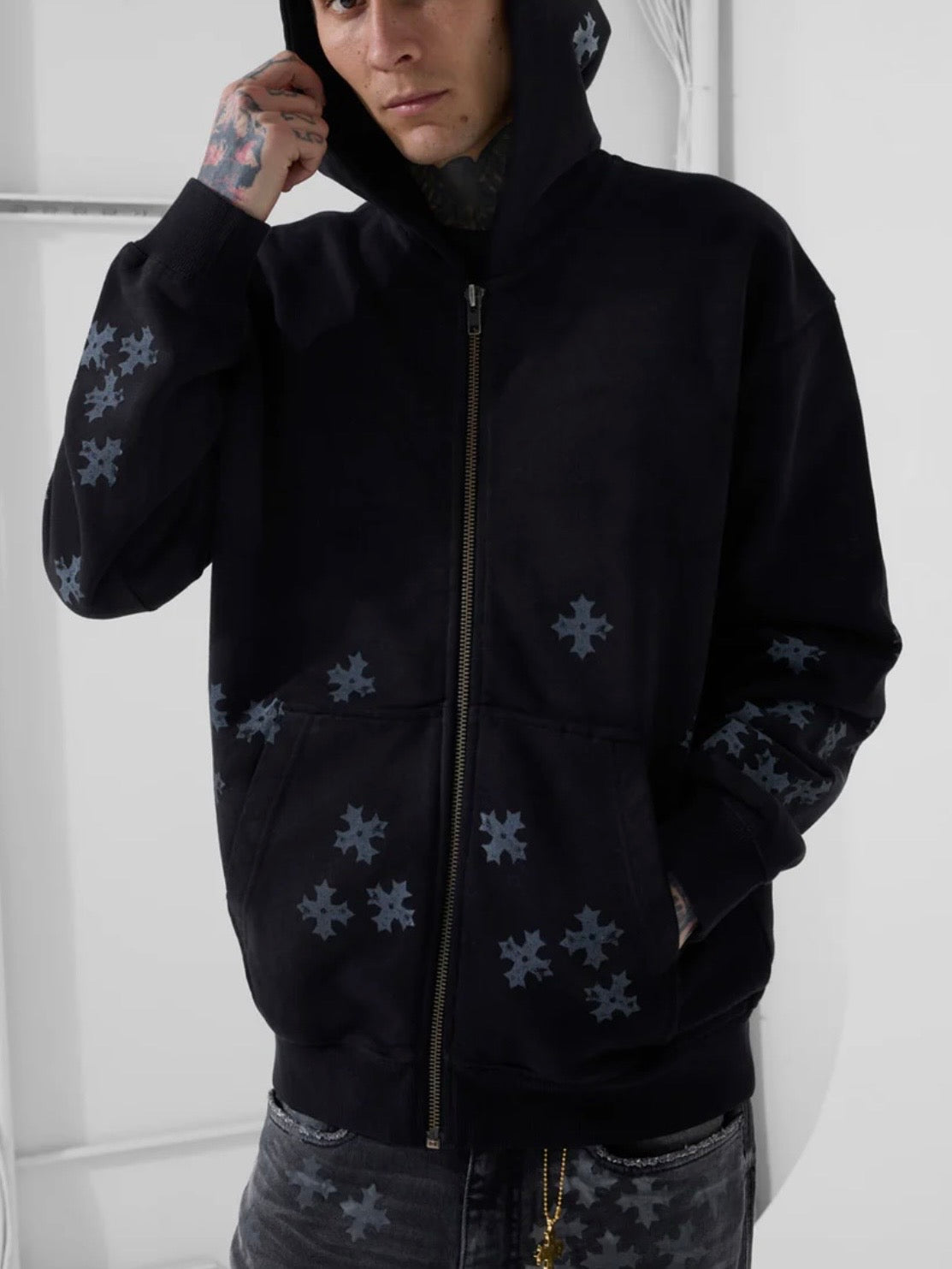 Jordan Craig x See You In Paradise Forbidden Fruit Zip Up French Terry Hoodie — black zip hoodie with printed flowers, styled on model