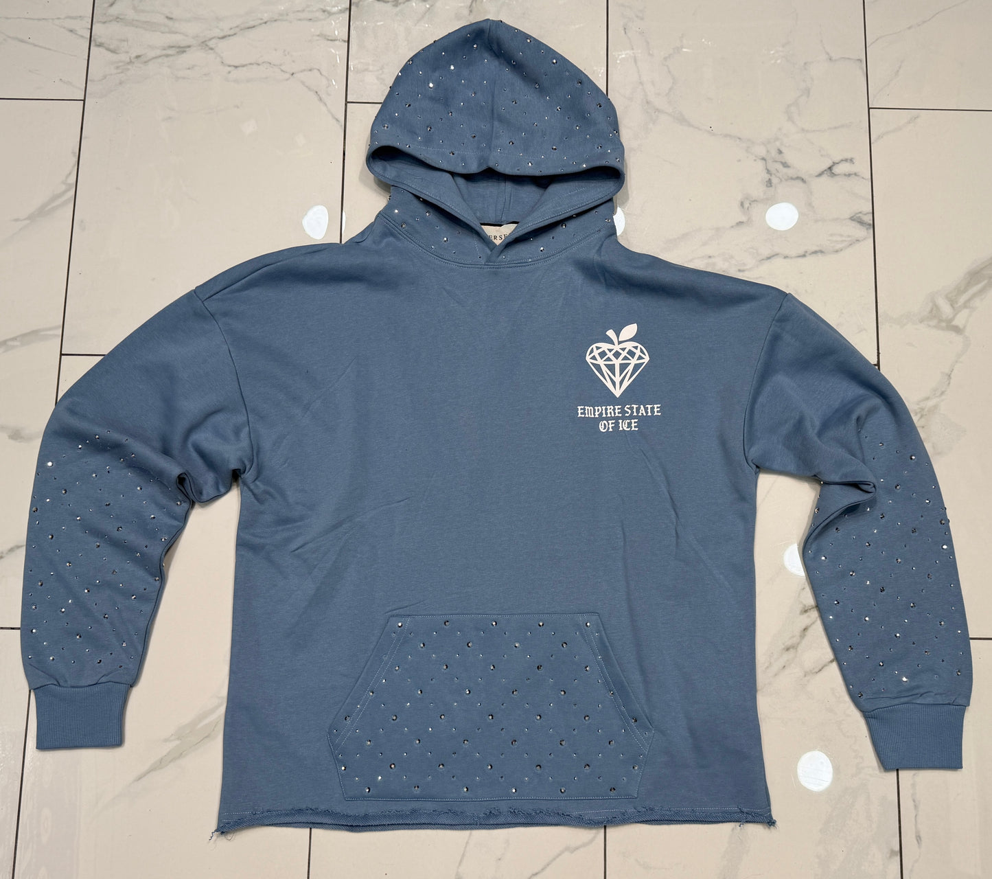 Verselli Baby Blue Empire State Of Ice Raw Hem Rhinestone Hoodie (Full Length)