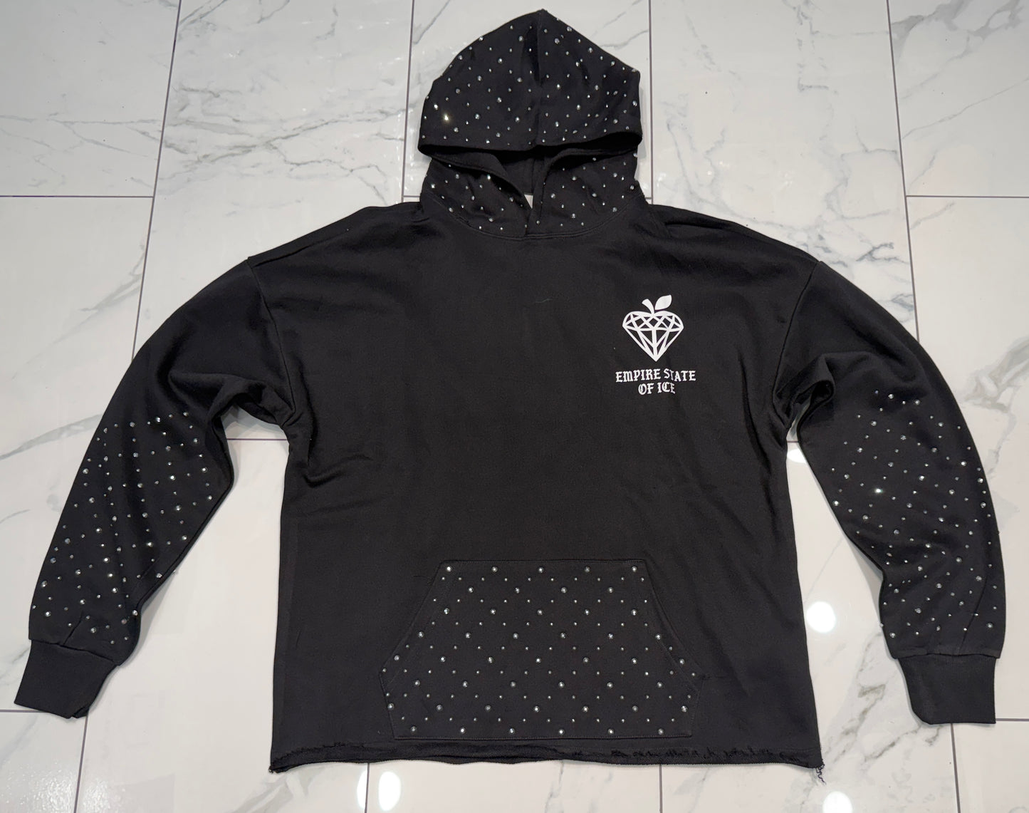 Verselli Black Empire State Of Ice Raw Hem Rhinestone Hoodie (Full Length)