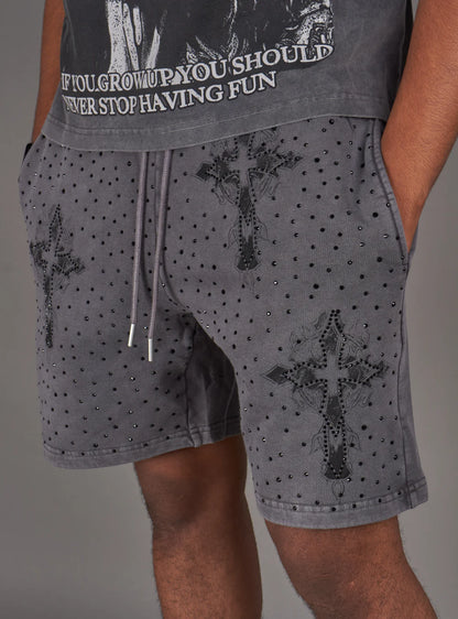 NME Grey Washed Rhinestone Shorts U