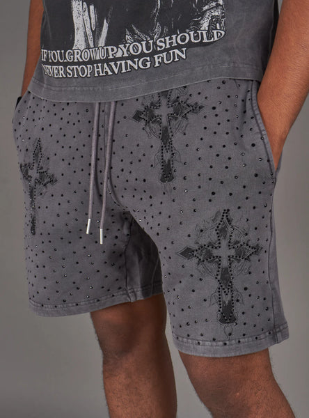 NME Grey Washed Rhinestone Shorts U
