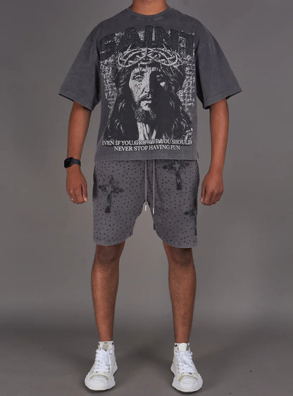 NME Grey Washed Rhinestone Shorts U
