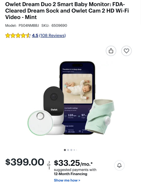 Owlet Dream Duo 2 Smart Baby Monitor-FDA-Cleared Dream Sock & HD Video Wi-Fi Cam