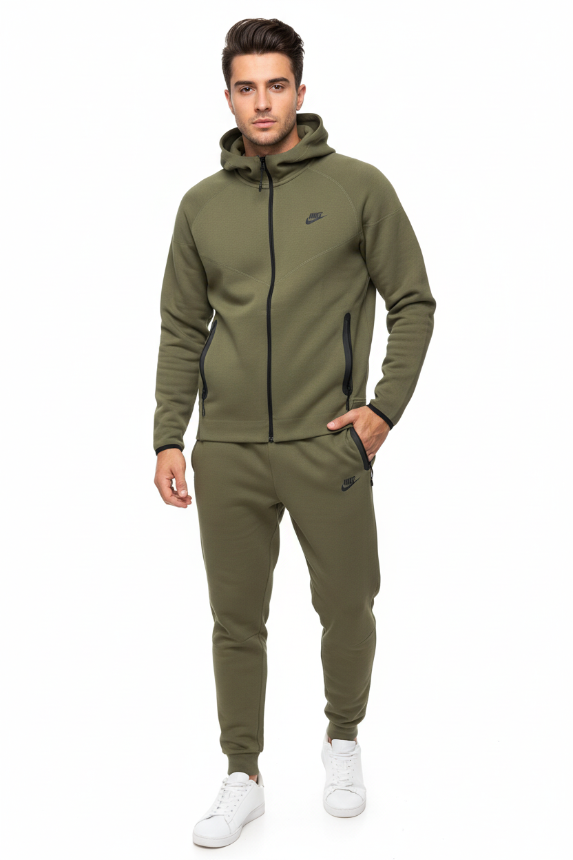 Nike Men's Tech Fleece Zip Hoodie & Pants Set (Olive) — olive hoodie and pants set on model