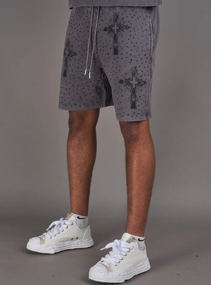 NME Grey Washed Rhinestone Shorts U