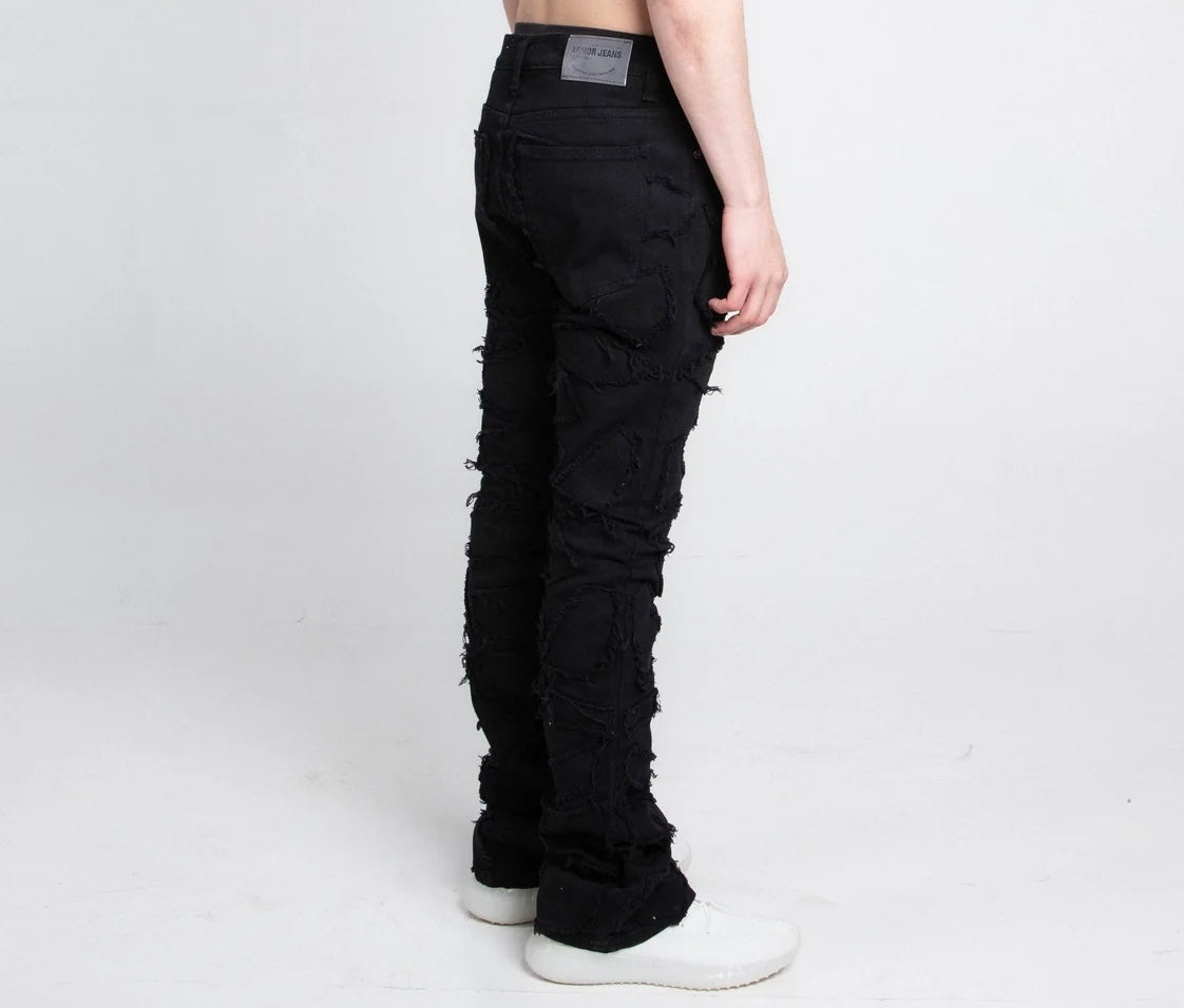 Armor Stone Patches Mid-Rise Stacked Black Jeans