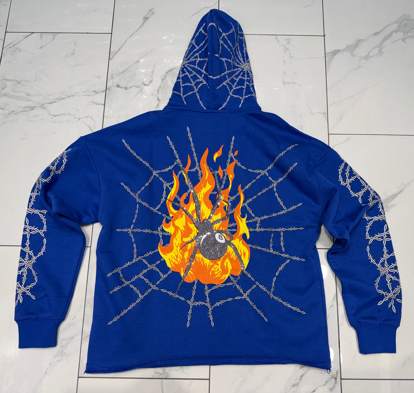 Verselli Rhinestone Graphic Raw-Hem Pullover Hoodie (Read Description)