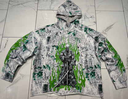 Verselli Camo w/Green Floral Rhinestone Samurai Graphic Pullover Hoodie (Read Description)