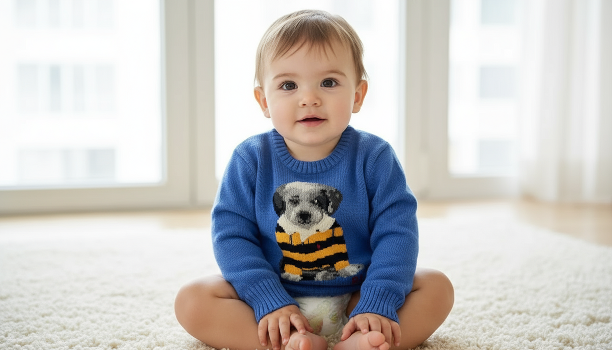 Kids Polo Ralph Lauren Dog Graphic Knitted Sweater — blue dog graphic sweater on child