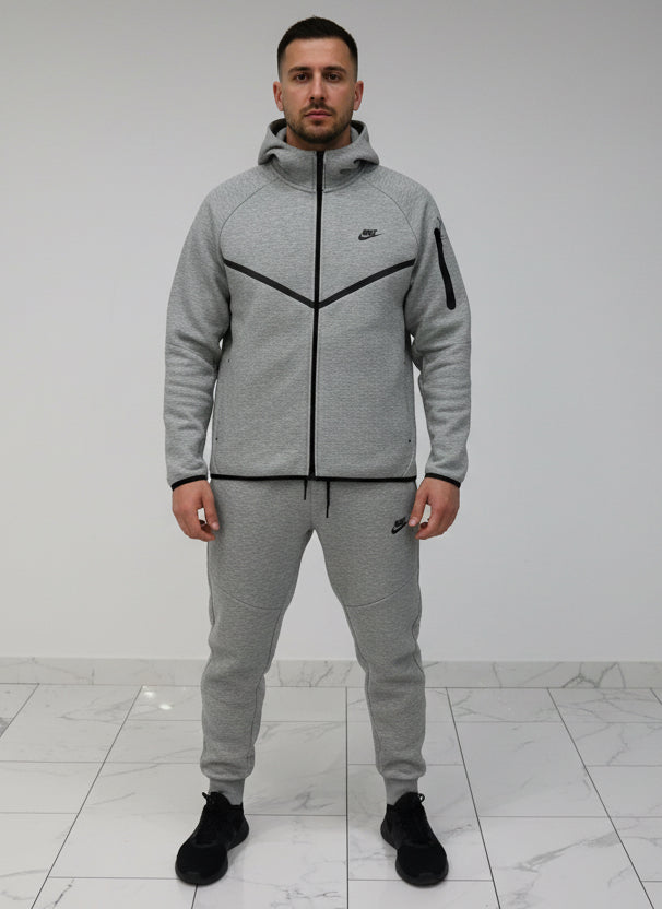 Nike Men's Tech Fleece Zip Hoodie & Pants Set (Grey) — grey hoodie and pants set on model