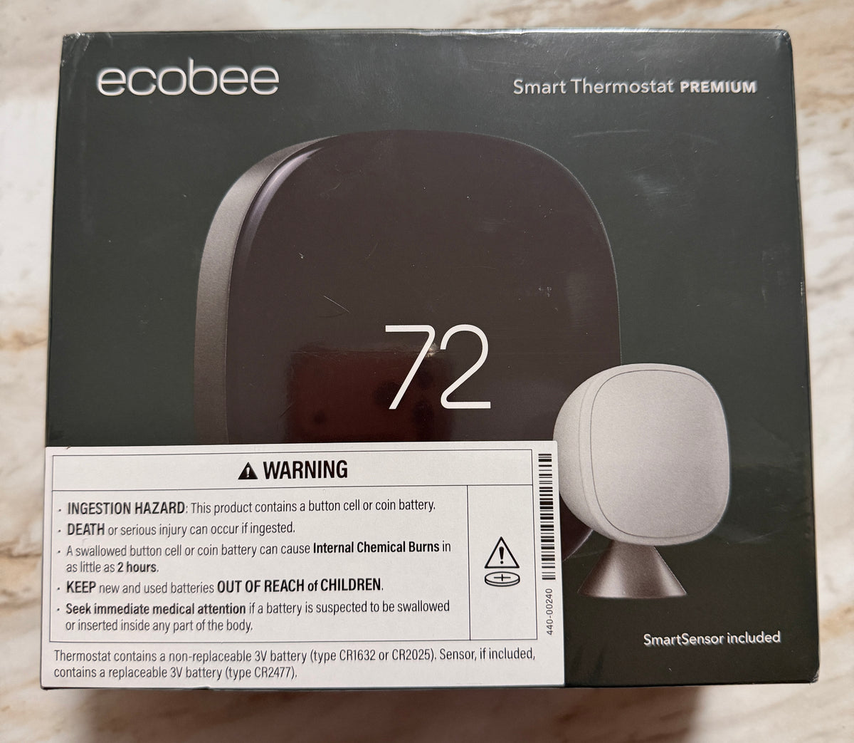 Ecobee Smart Thermostat Premium retail box with SmartSensor shown on the front
