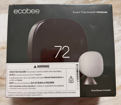 Ecobee Smart Thermostat Premium retail box with SmartSensor shown on the front