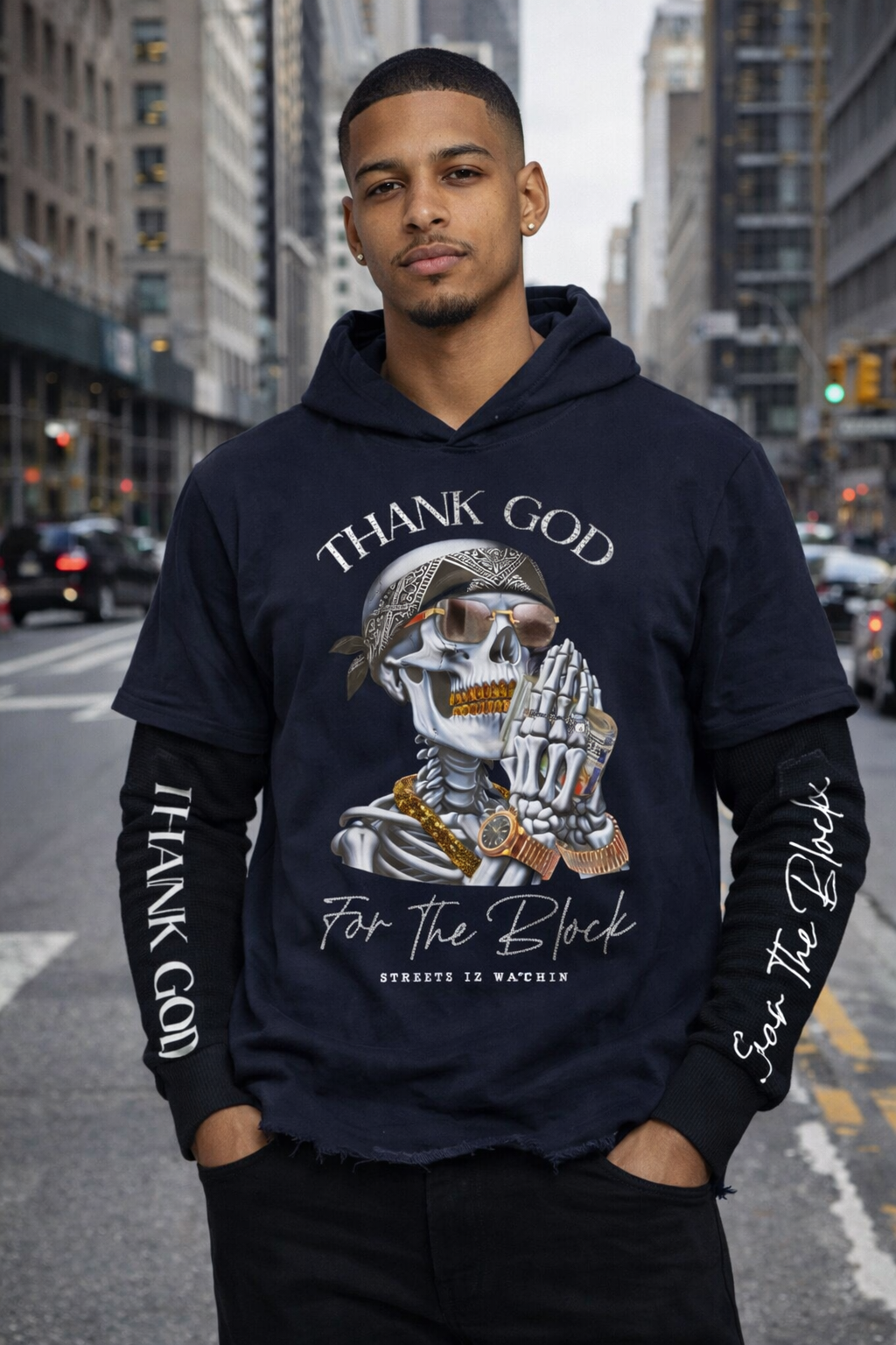 Streetz Iz Watchin Thank God For The Block Thermal Sleeve Hoodie — black graphic hoodie with thermal sleeves on model