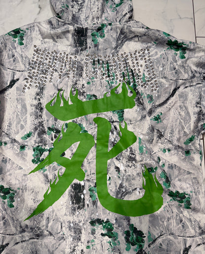 Verselli Camo w/Green Floral Rhinestone Samurai Graphic Pullover Hoodie (Read Description)