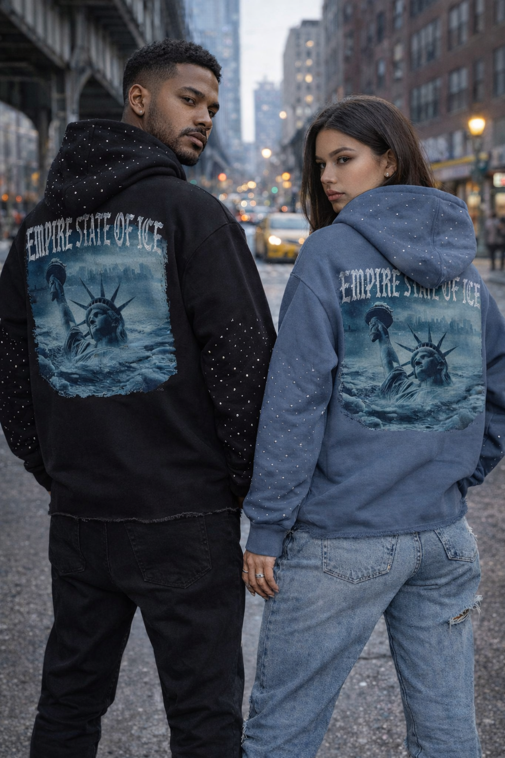 Verselli Black Empire State Of Ice Raw Hem Rhinestone Hoodie (Full Length)