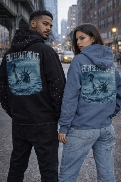 Verselli Black Empire State Of Ice Raw Hem Rhinestone Hoodie (Full Length)