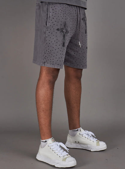 NME Grey Washed Rhinestone Shorts U