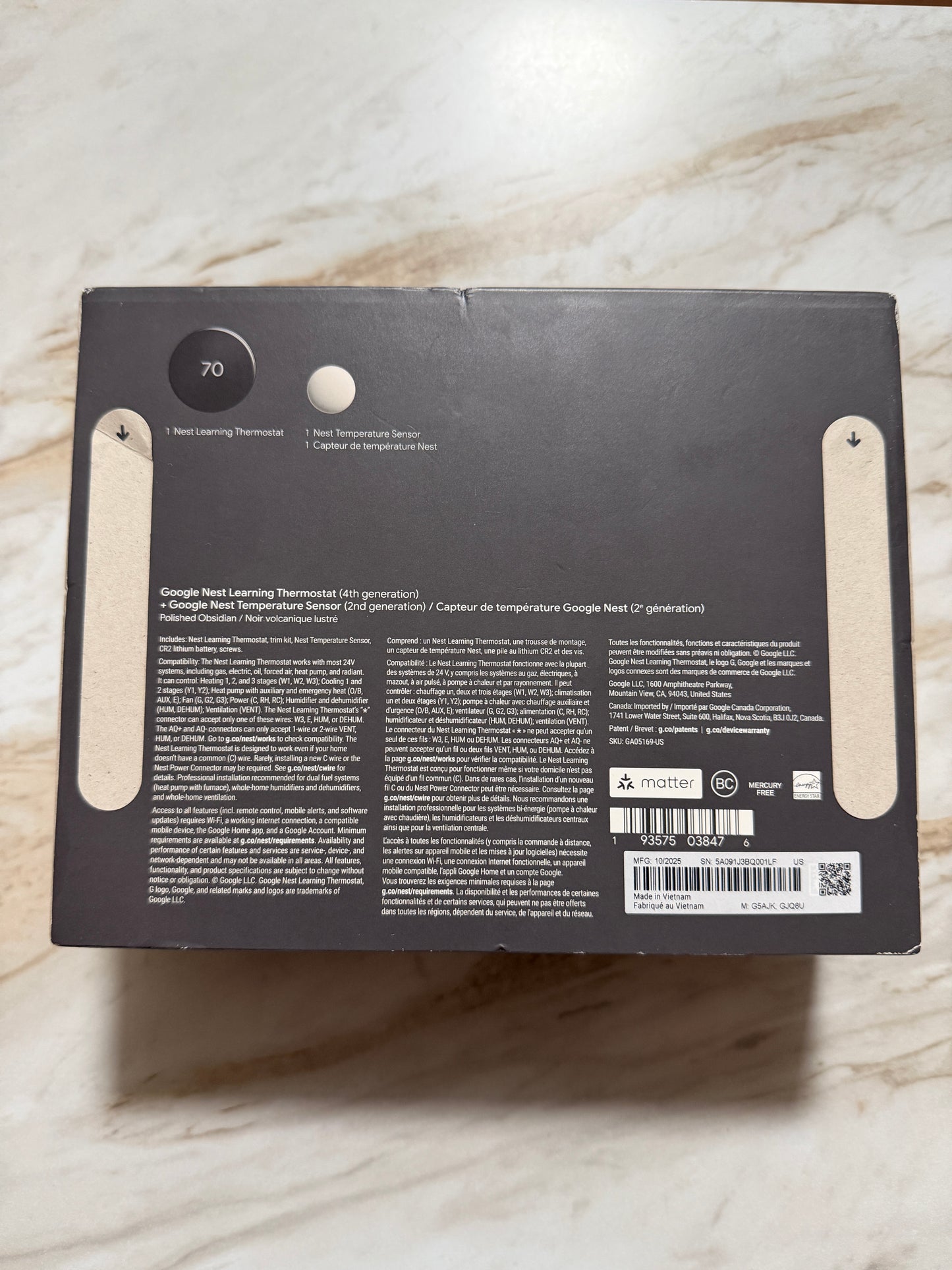 Google Nest Learning Thermostat 4th Gen + 2nd Gen Temp. Sensor-Polished Obsidian