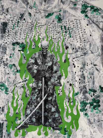 Verselli Camo w/Green Floral Rhinestone Samurai Graphic Pullover Hoodie (Read Description)