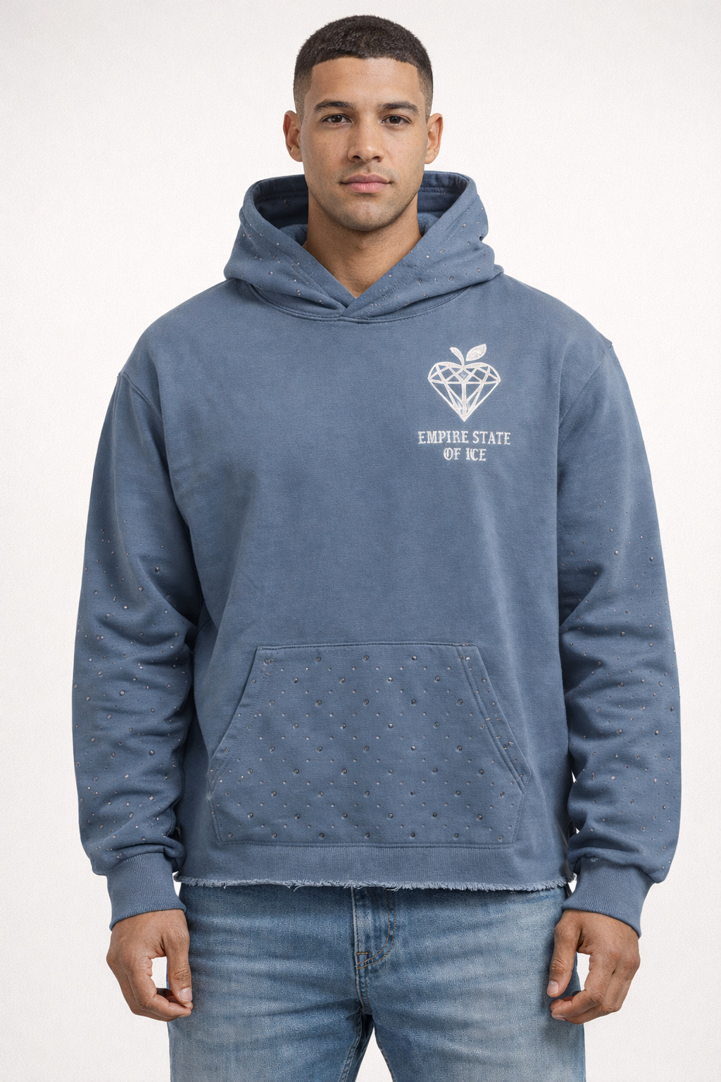 Verselli Baby Blue Empire State Of Ice Raw Hem Rhinestone Hoodie (Full Length)