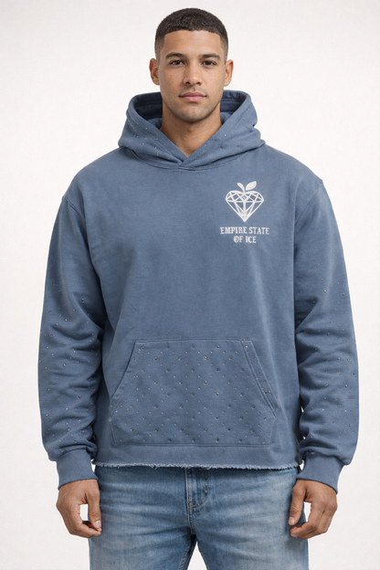 Verselli Baby Blue Empire State Of Ice Raw Hem Rhinestone Hoodie (Full Length)