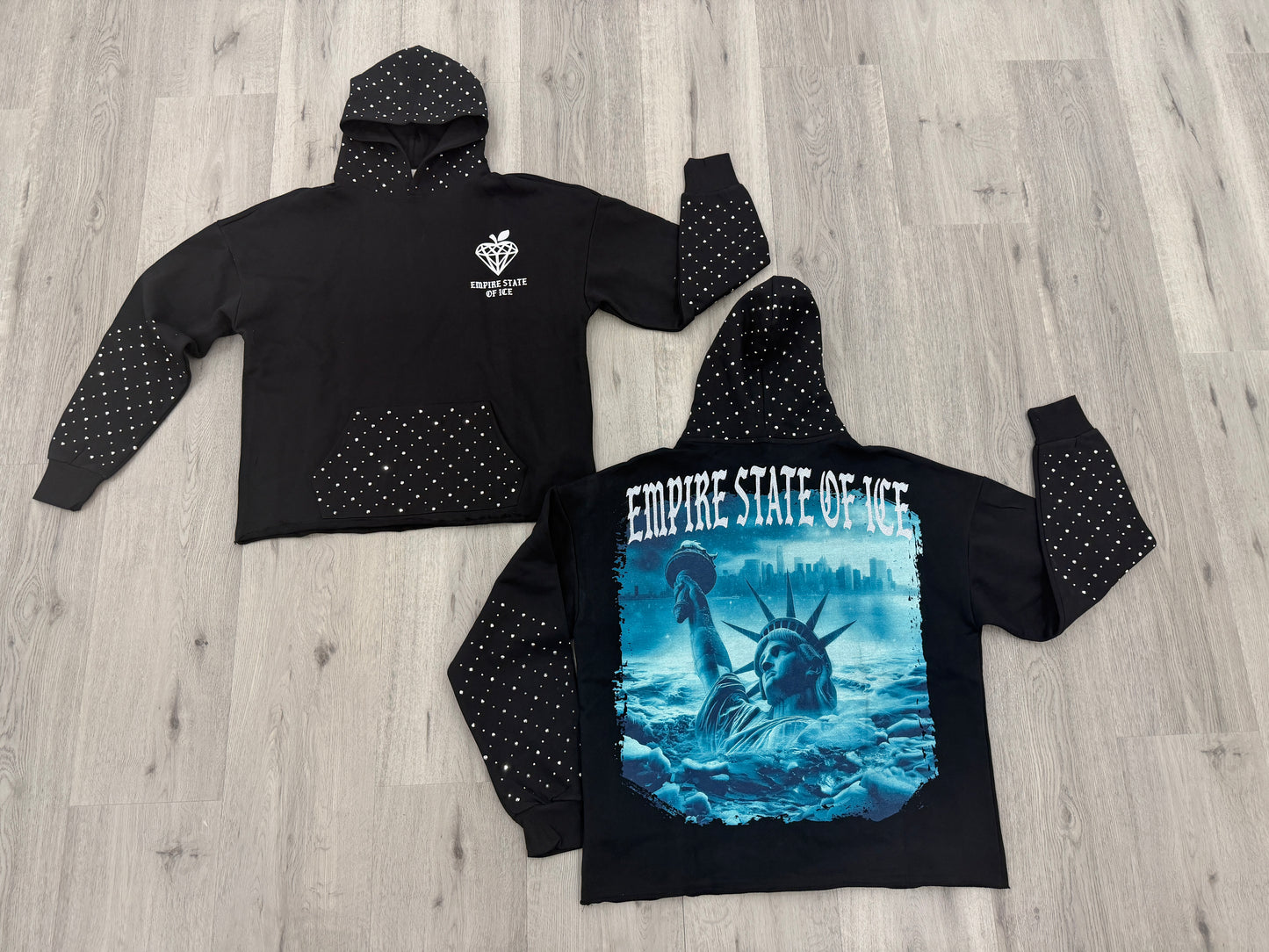 Verselli Black Empire State Of Ice Raw Hem Rhinestone Hoodie (Full Length)