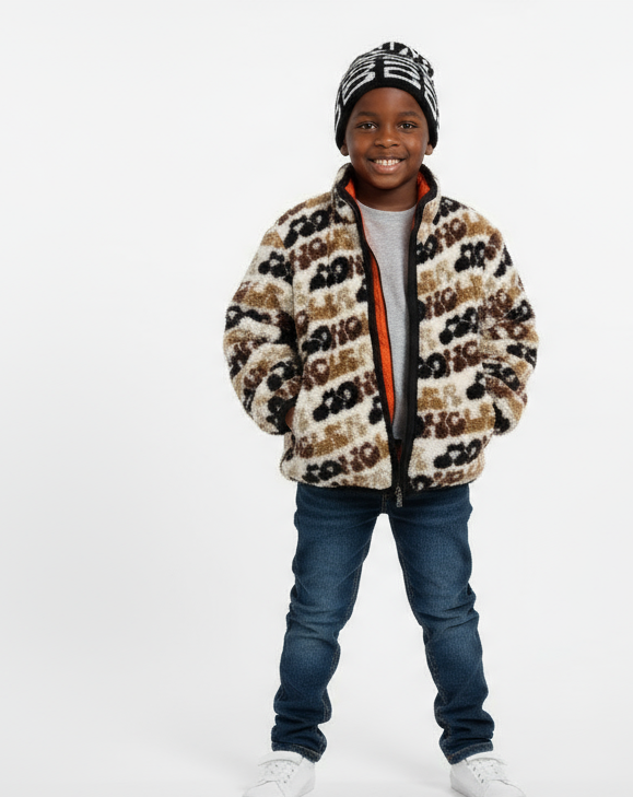 Child wearing a cream, brown and black animal-print Moncler zip-front jacket