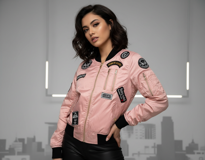 Red Fox women’s pink zip-front jacket with decorative patches and black collar, cuffs and hem
