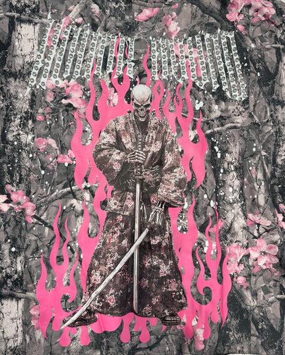 Verselli Camo w/Pink Floral Rhinestone Samurai Graphic Pullover Hoodie (Read Description)