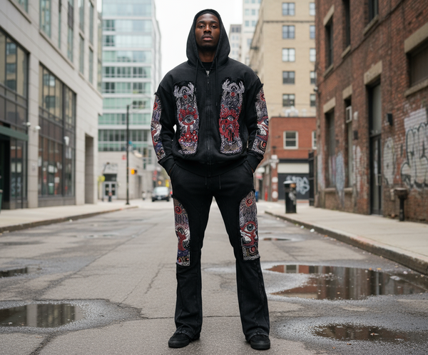 Hudson Black Acid Windows Fleece Stacked Fit Sweatsuit