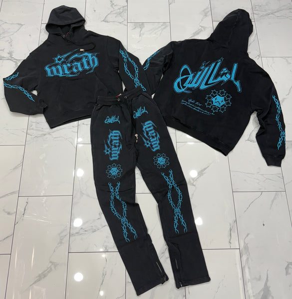 Wrathboy Gods Will Straight/Zipper Stacked Heavyweight Sweatpants Set (Black)