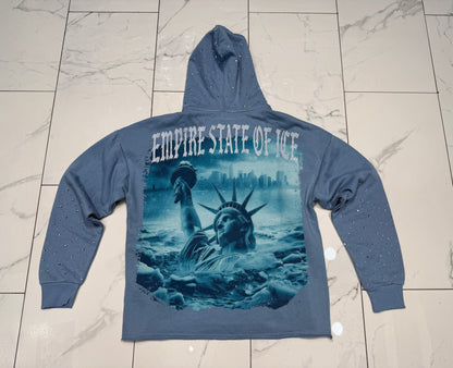 Verselli Baby Blue Empire State Of Ice Raw Hem Rhinestone Hoodie (Full Length)