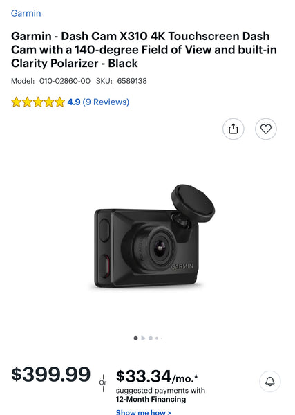 Garmin - Dash Cam X310 4K Touchscreen Dash Cam with a 140-degree Field of View and built-in Clarity Polarizer - Black  (FINAL SALE- NO RETURNS)