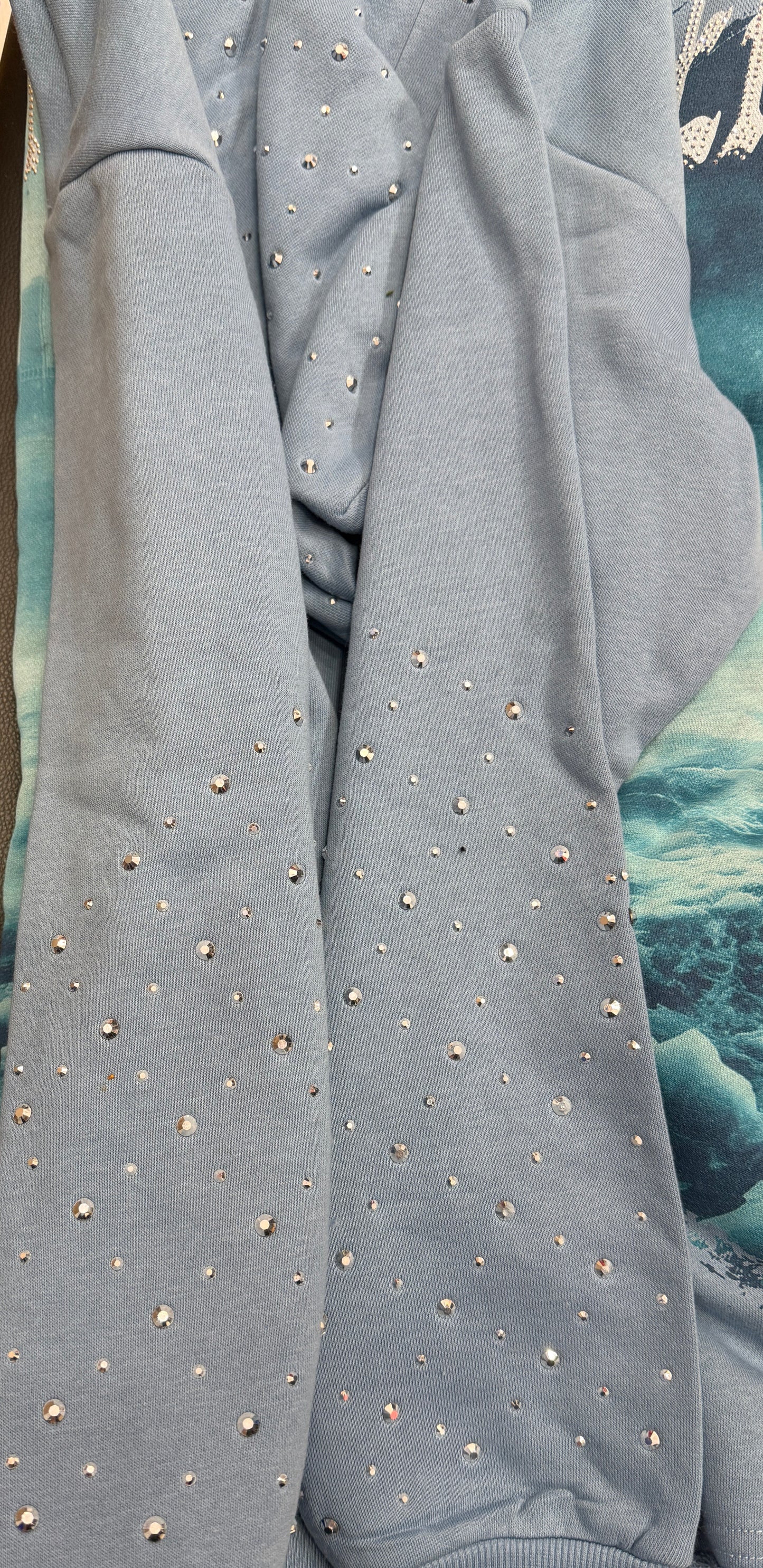 Verselli Baby Blue Empire State Of Ice Raw Hem Rhinestone Hoodie (Full Length)