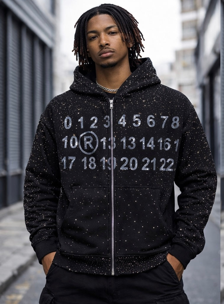 Verselli Rhinestone Studded Zip-Up Streetwear Hoodie