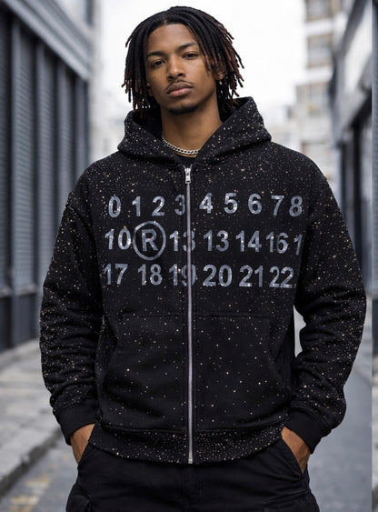 Verselli Rhinestone Studded Zip-Up Streetwear Hoodie (Runs One Size Big)