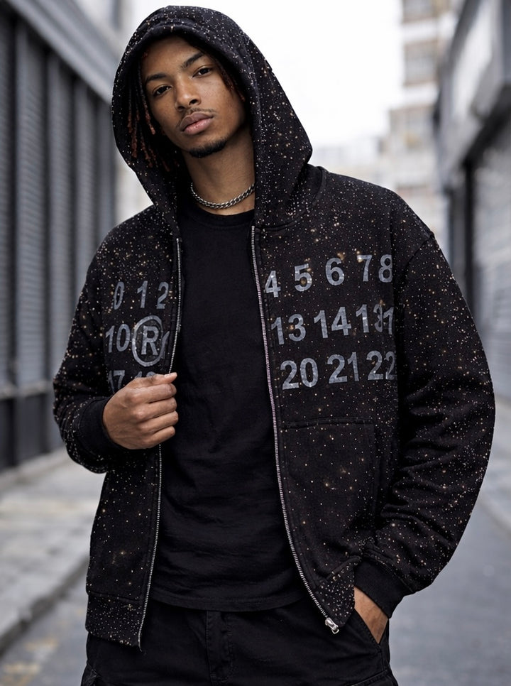 Verselli Rhinestone Studded Zip-Up Streetwear Hoodie (Runs One Size Big)